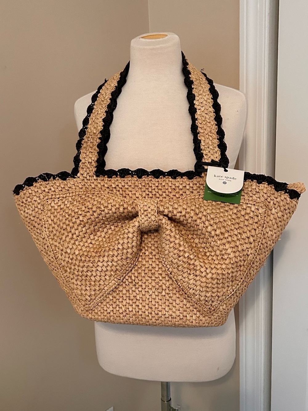 kate spade Natural Straw Tote with Black Trim and Front Knot